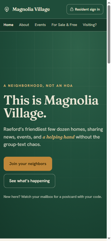 Magnolia Village on a phone, showing the neighborhood feed